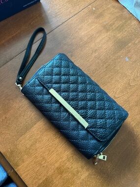 Quilted Black Wristlet Wallet with Gold Accent